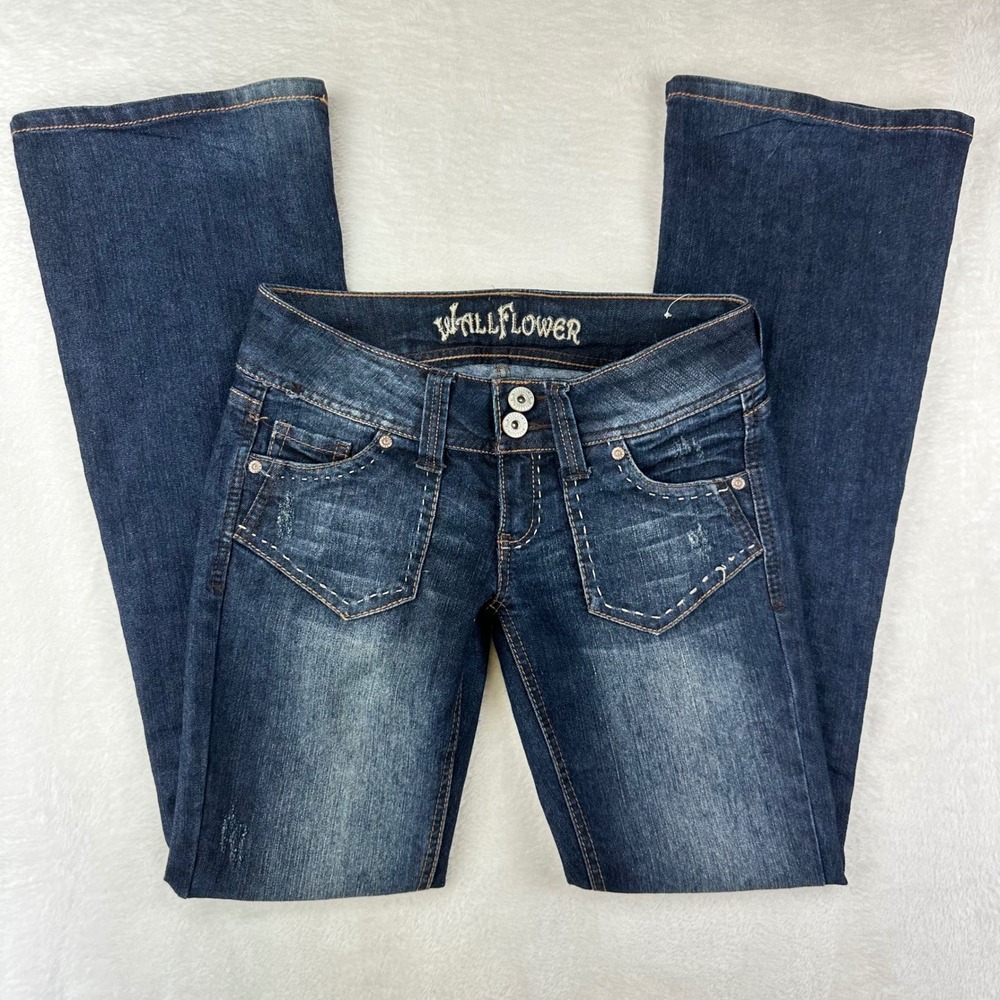 WallFlower Flare Jeans Womens 3 Low Rise Dark‎ Wash Y2K Bootcut Denim 00's